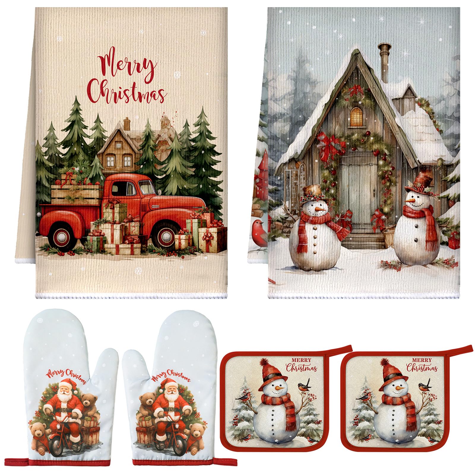 Bencailor 6 Pcs Christmas Kitchen Towel Oven Mitts and Pot Holders Set Xmas Theme Dish Towels Heat Resistant Oven Gloves for Summer Kitchen Cooking Baking Grilling(Colorful Christmas Tree Theme)